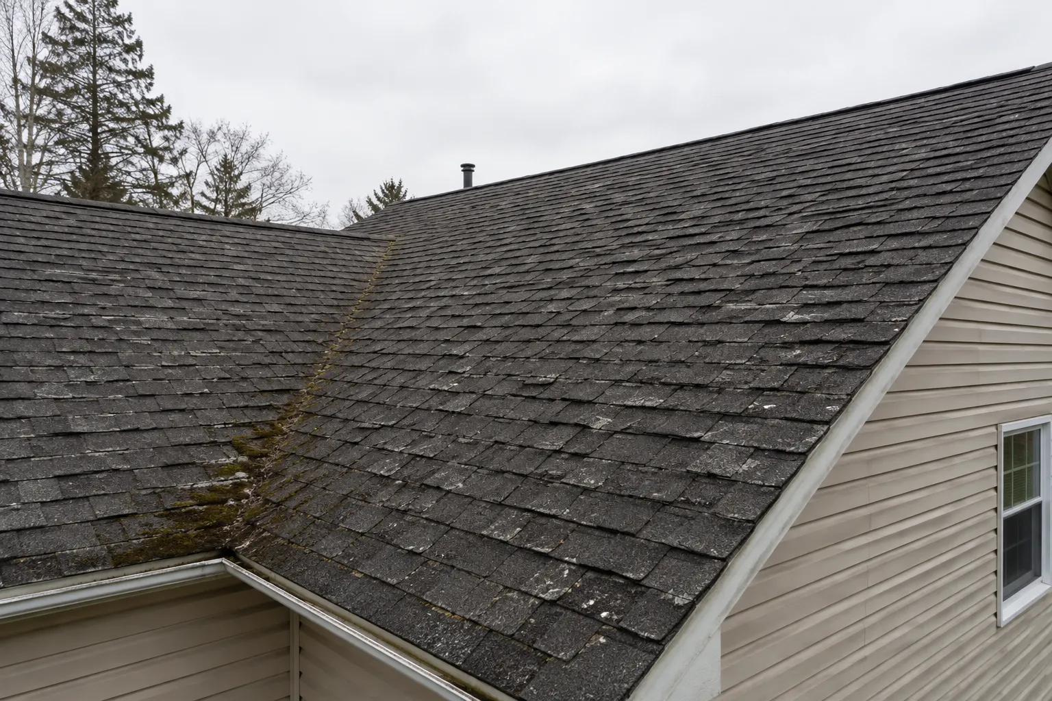 Aging asphalt shingle roof showing normal wear before replacement — Surrey, BC