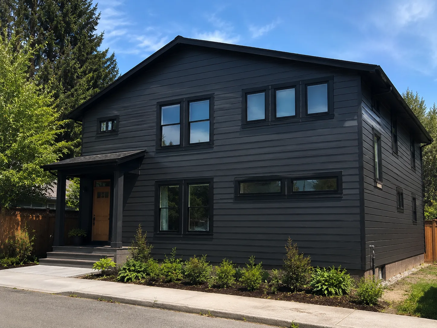 Finished metal wall cladding on a home, street view — Surrey, BC