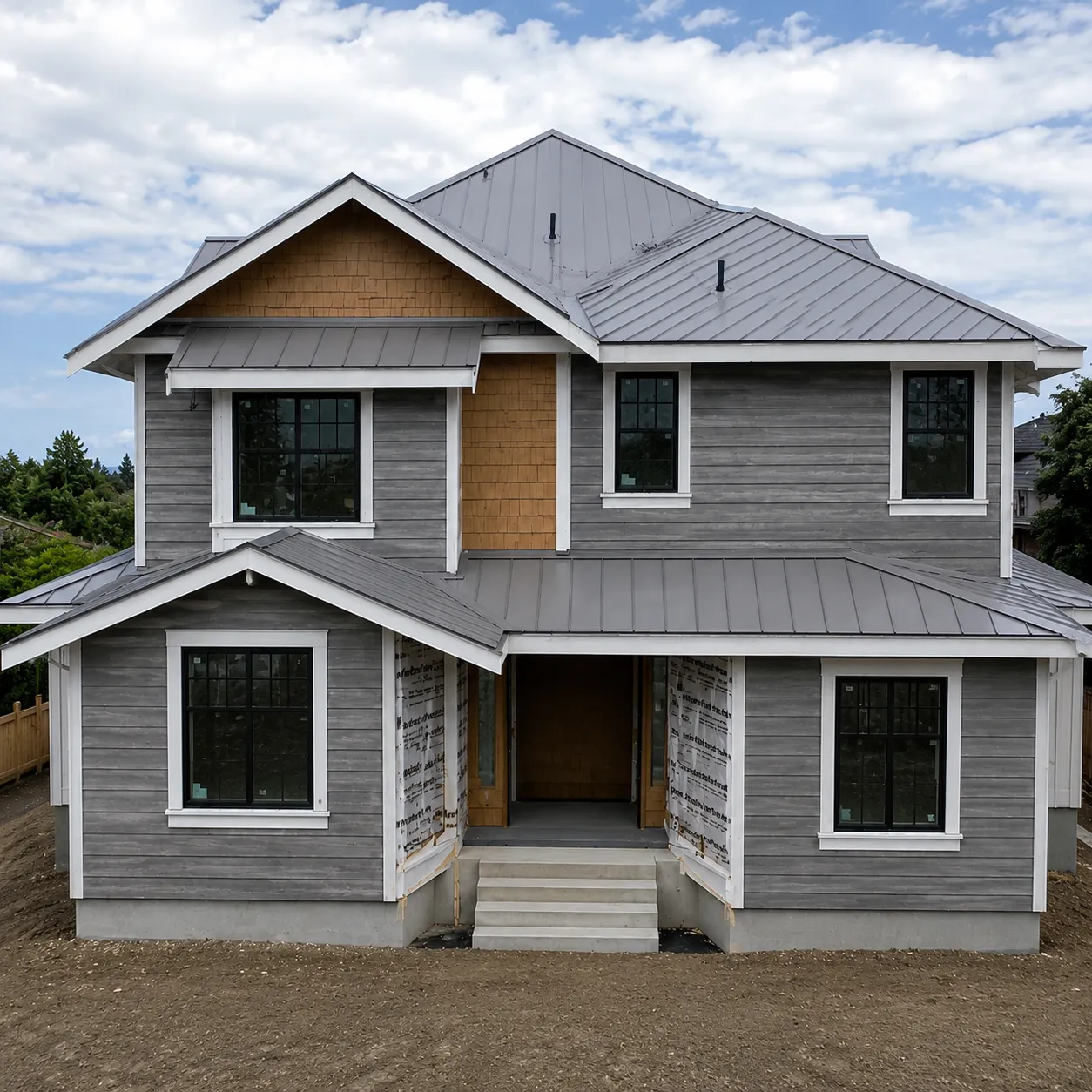 Standing seam metal roofing on a modern Craftsman-style home