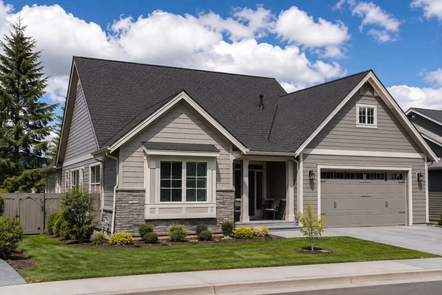 Finished new architectural asphalt shingle roof on a modern Surrey home