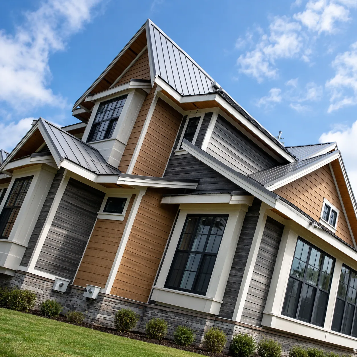 Standing seam metal roof on a multi-gable roof design, alternate angle