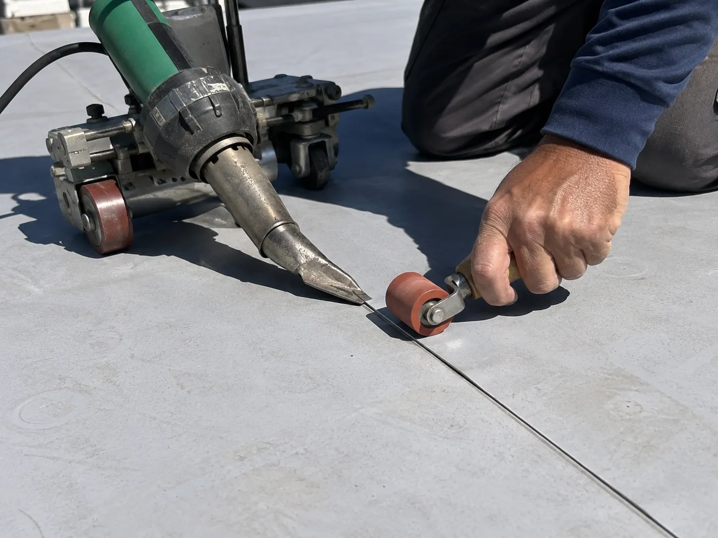 Close-up of TPO membrane seam welding detail