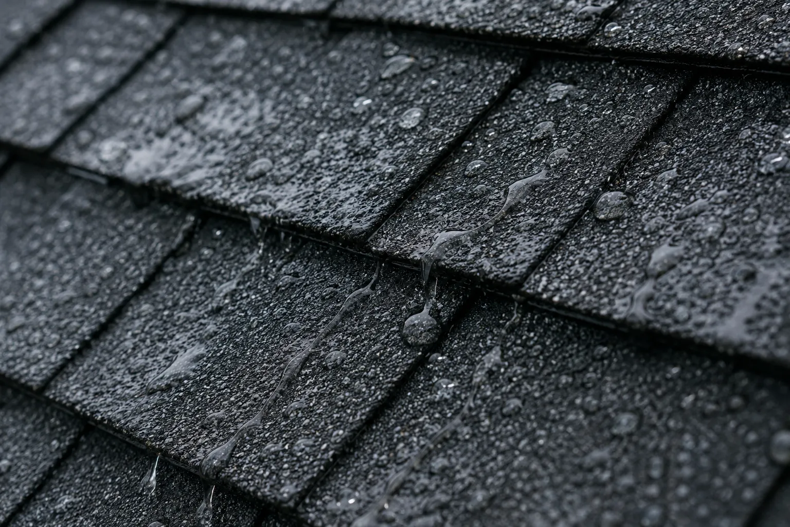 Wet architectural asphalt shingles after rain — Surrey's coastal climate