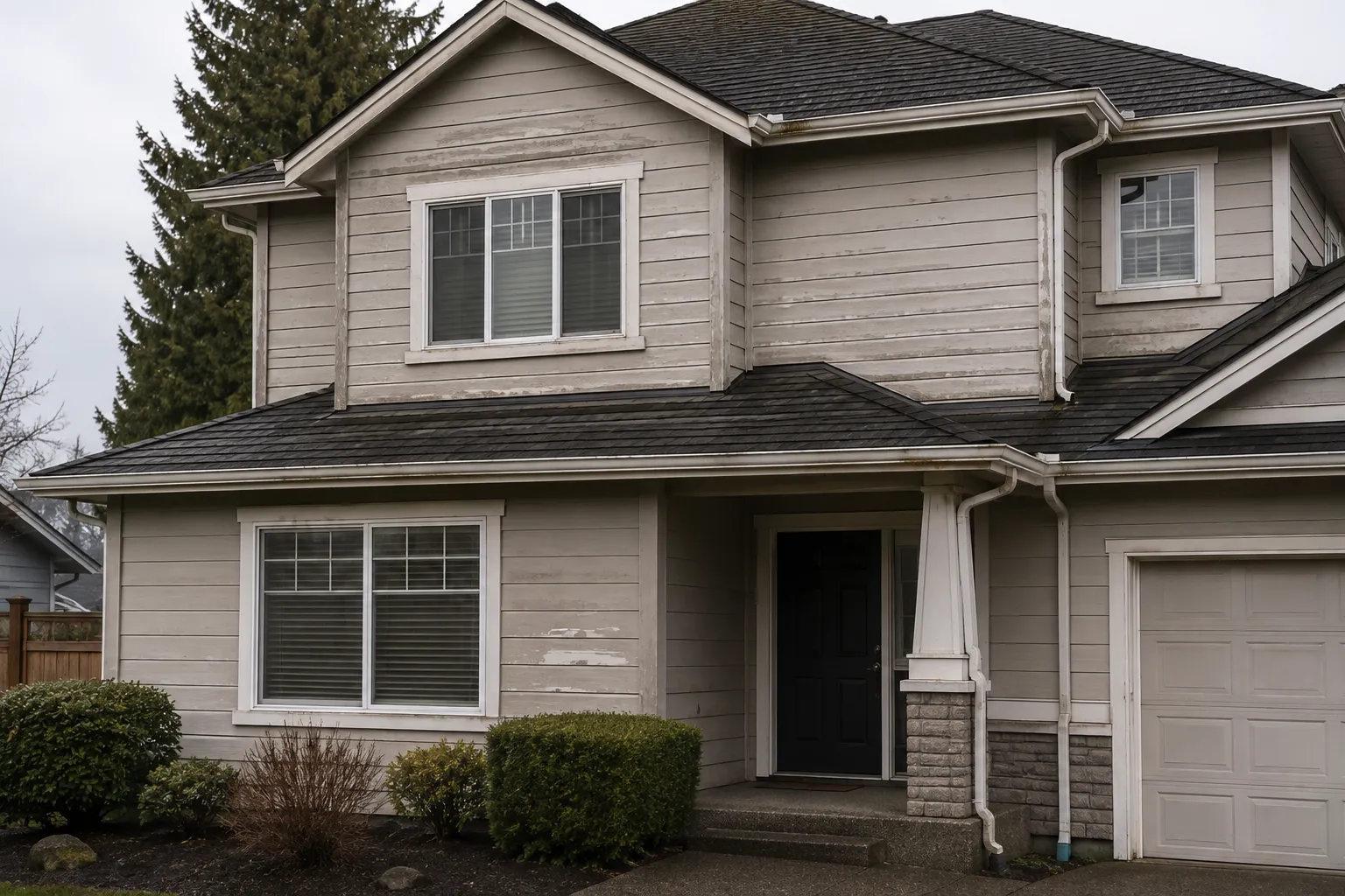 Aging, weathered siding on a Surrey home before metal cladding installation