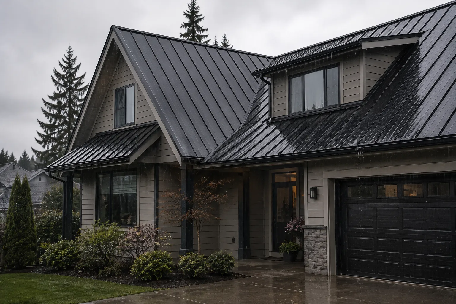Black standing seam metal roof shedding rain — Surrey's Pacific Northwest climate