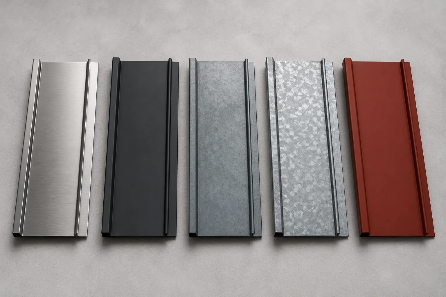 Metal wall cladding sample panels in various materials and finishes