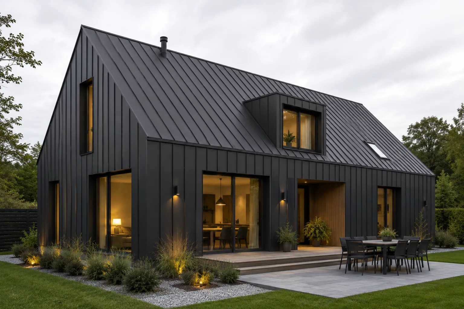 Modern home with matching charcoal standing seam metal roof and wall cladding — Surrey, BC