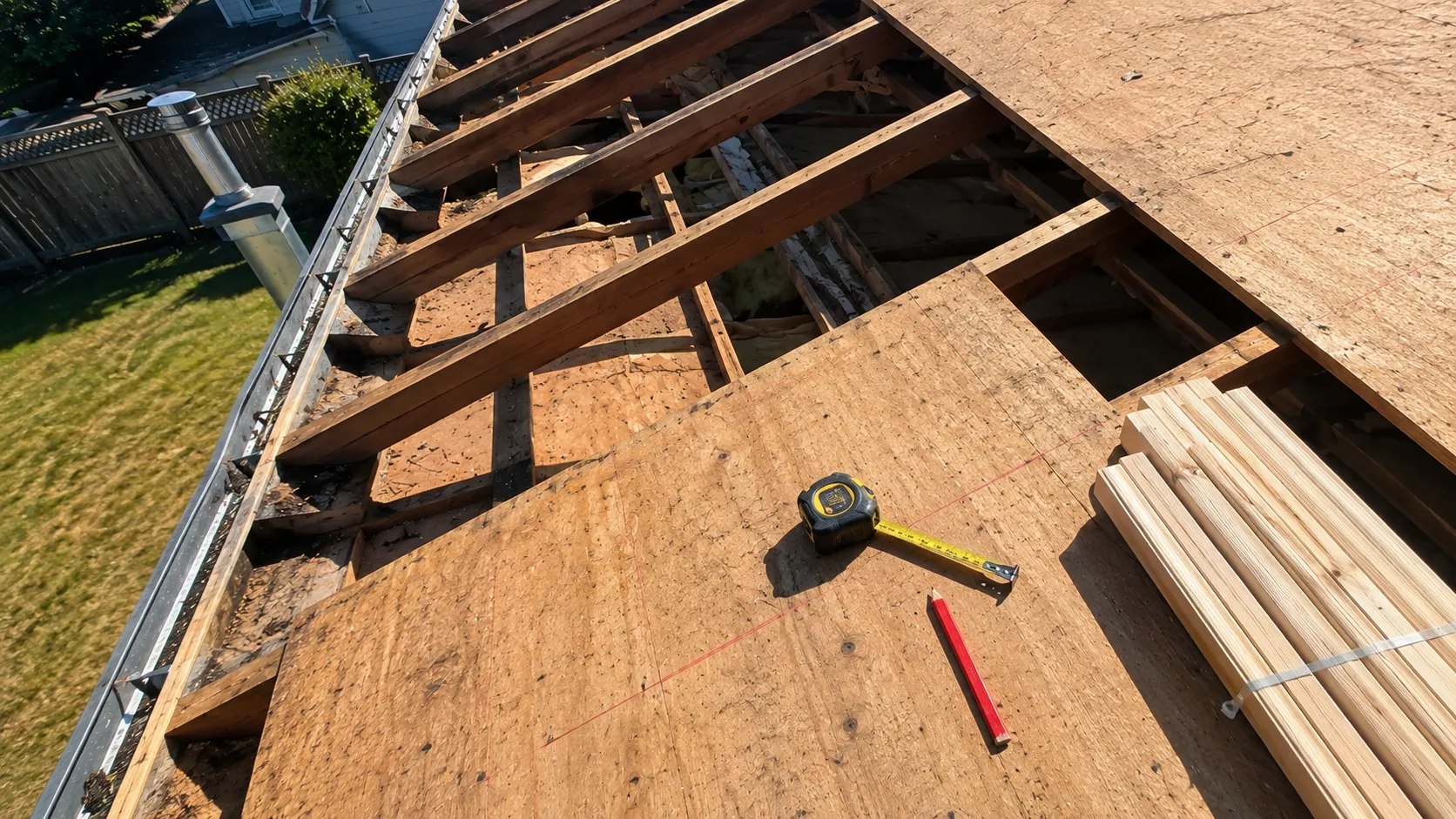 Roof deck inspection of exposed rafters before tile roof installation — Surrey, BC